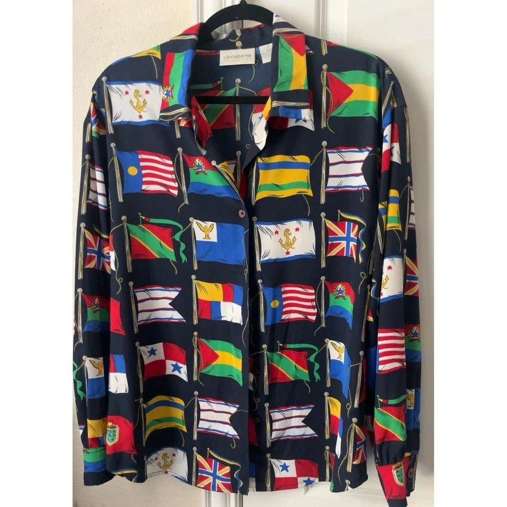 Vintage 90s Liz Claiborne Wm's 8 Country Flags Blouse Teacher Novelty Nautical